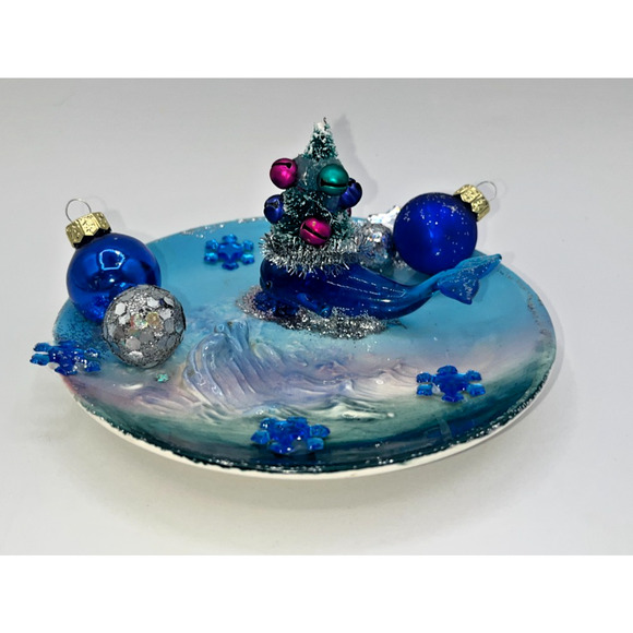 Vintage Mini Hand Blown Glass Blue Christmas Whale "Swimming in Snowflakes"OOAK - Picture 5 of 16